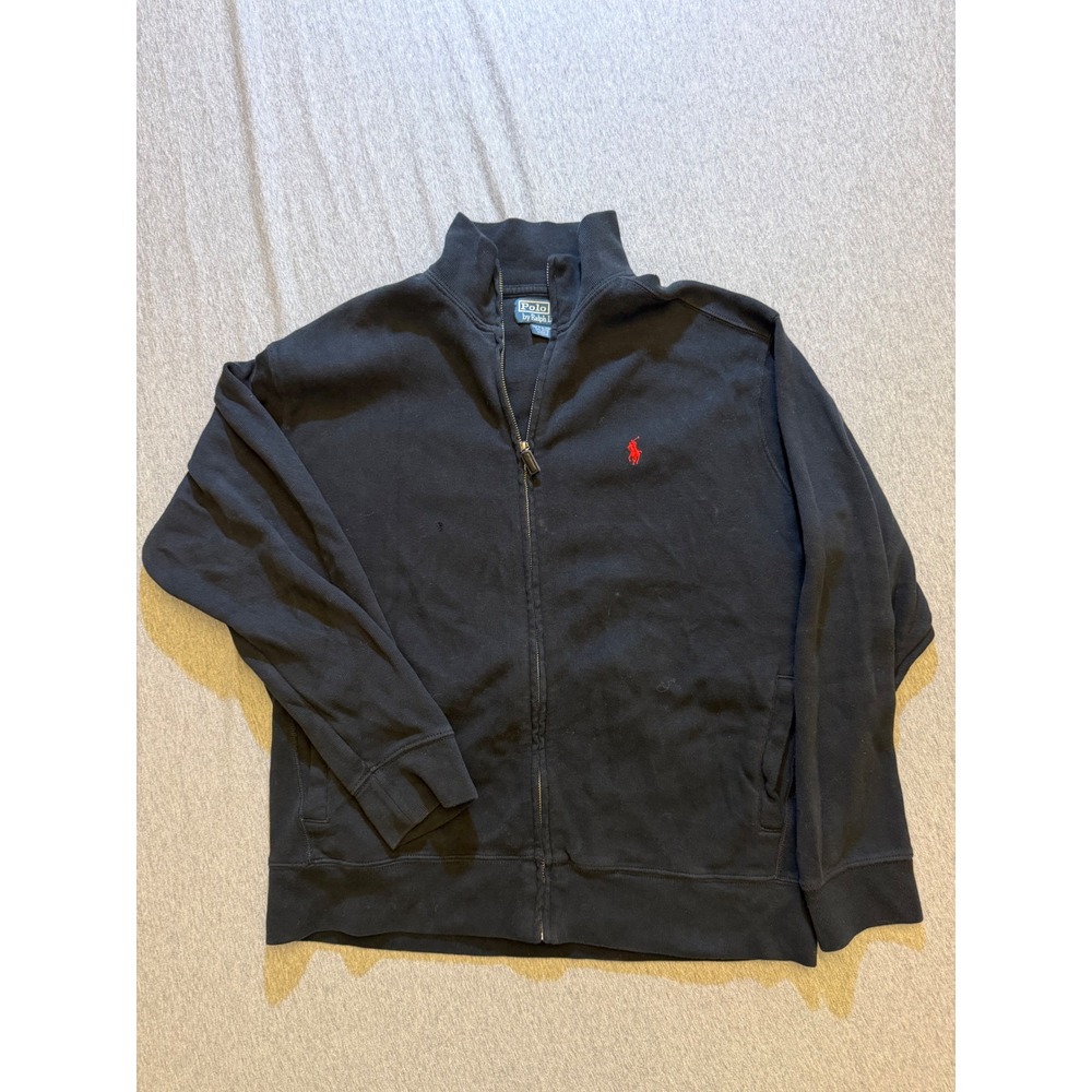 Polo Ralph Lauren Mens Black Full Zip Cotton Knit Sweater Red Pony Logo Large